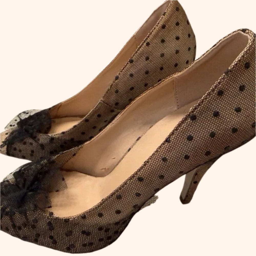 Sheer Polka Dot Mesh Heels with Bow | Size 8.5